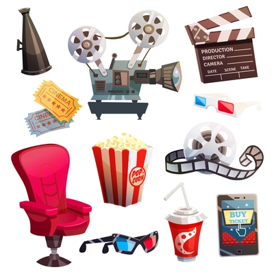 Set of colored isometric cartoon cinema icons in retro style with director chair projector 3d glasses isolated vector illustration