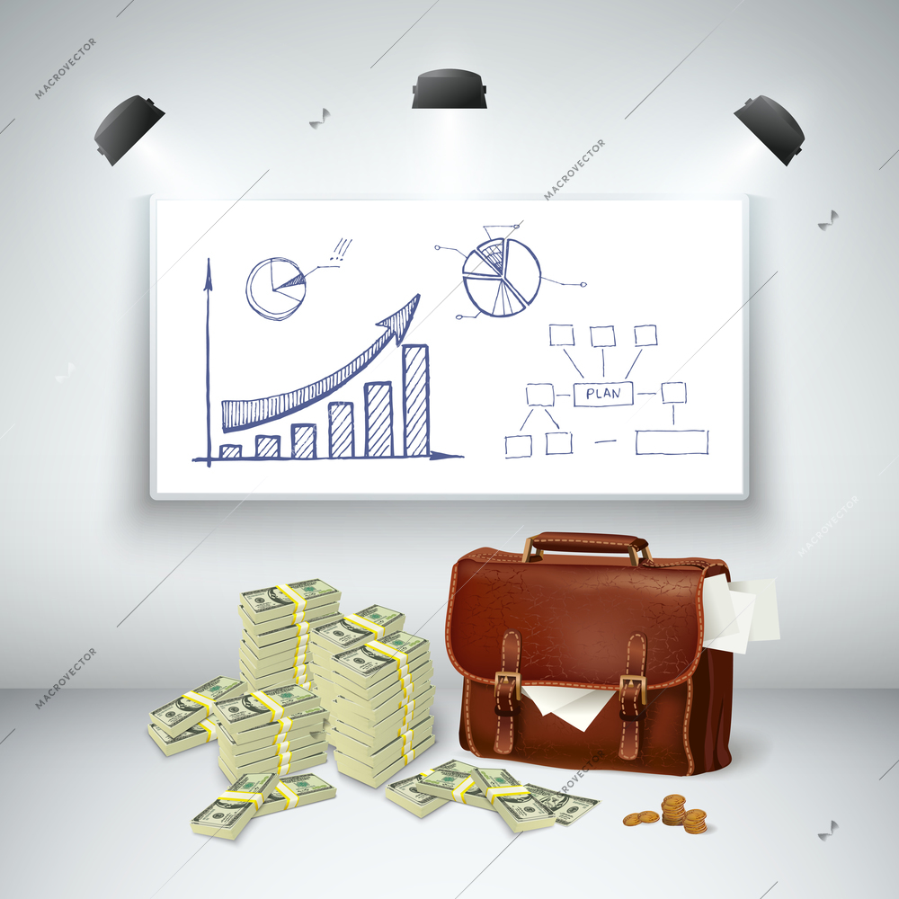 Realistic business financial template with leather briefcase money cash blackboard sketch diagram and spotlights isolated vector illustration