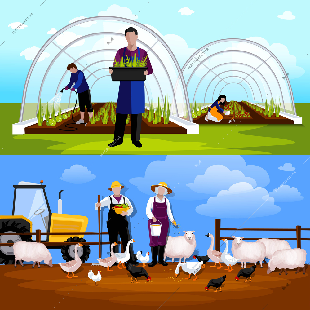 Forcing tunnel planing gardeners and sheep and  geese feeding farmers 2 flat horizontal banners isolated vector illustration