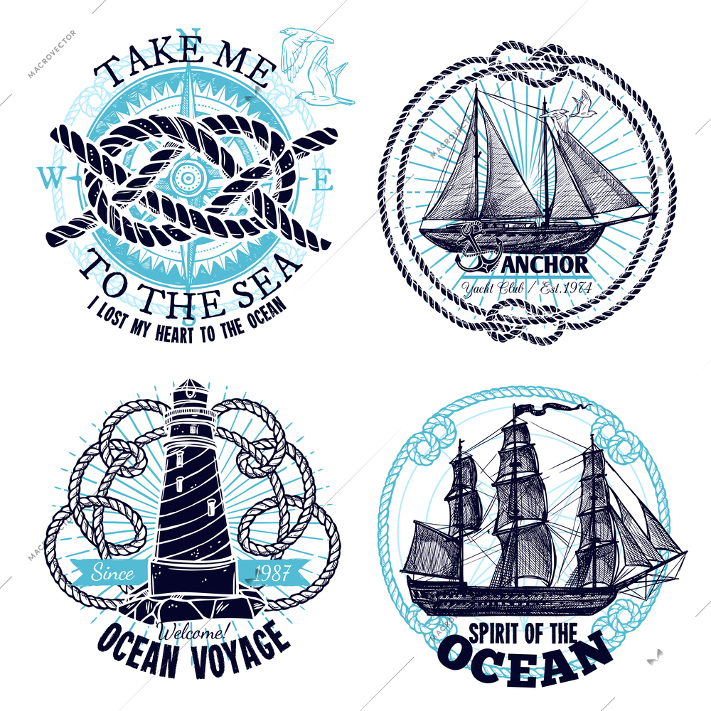 Marine emblems collection with ship wheel rope compass lighthouse in hand drawn style isolated vector illustration