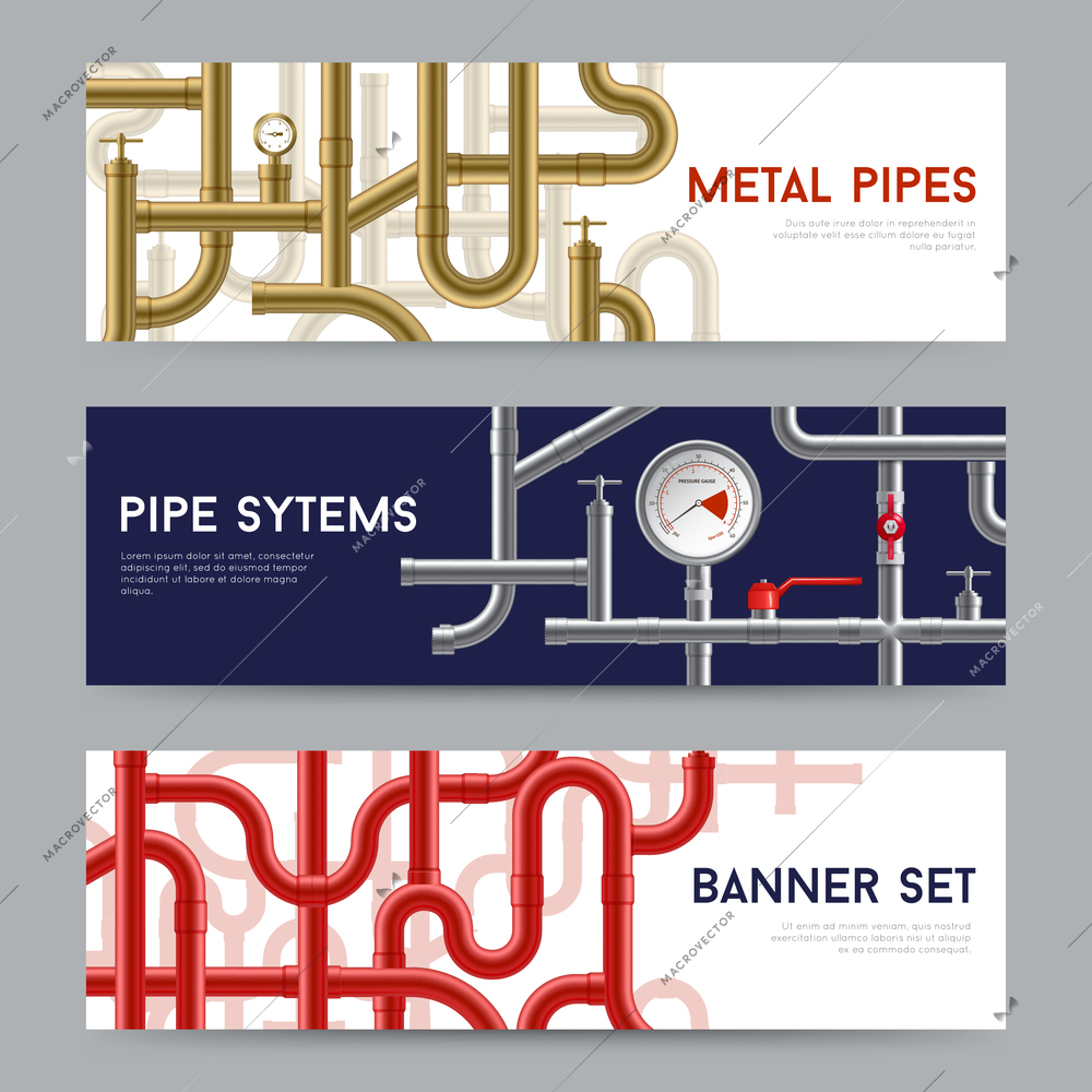 Pipe system horizontal realistic banners set isolated vector illustration