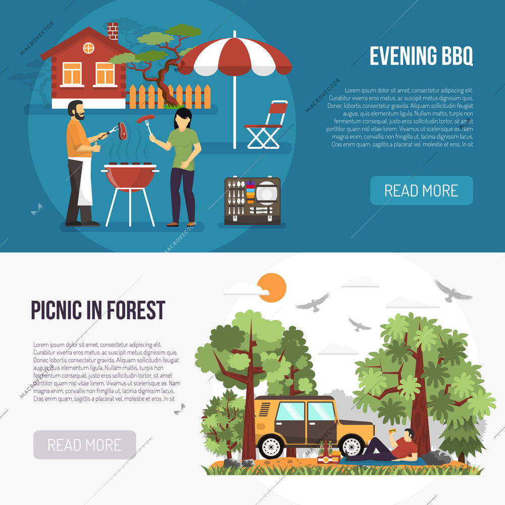 Barbecue banners with picnic in forest and evening bbq party at country house background flat vector illustration