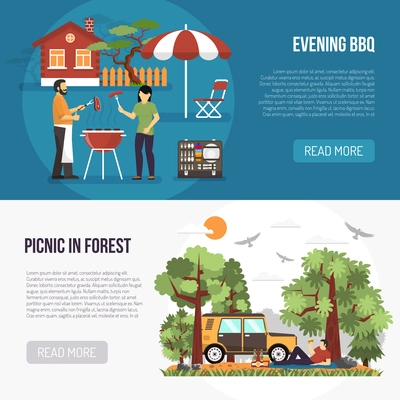 Barbecue banners with picnic in forest and evening bbq party at country house background flat vector illustration