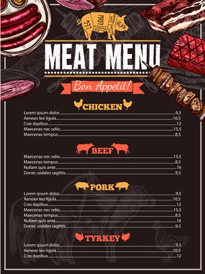 Hand drawn meat menu with prices chicken pork turkey and beef dishes vector illustration