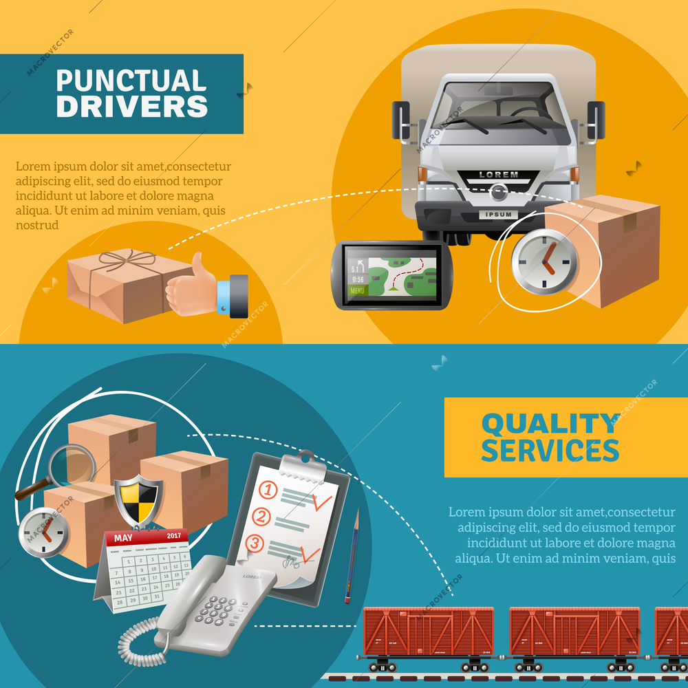 Logistic horizontal banners with truck boxes packages navigator phone clipboard railroad vector illustration