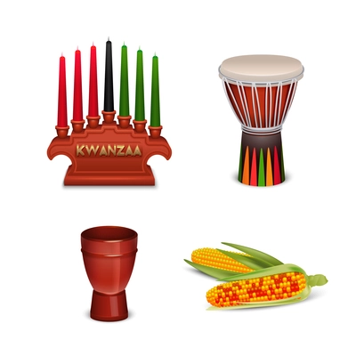 Kwanzaa holiday celebrations 4 basic cultural symbols square composition with corn and candle holder isolated vector illustration