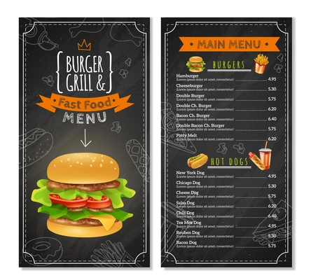 Fast food menu with prices different kinds of burgers and hot dogs vector illustration