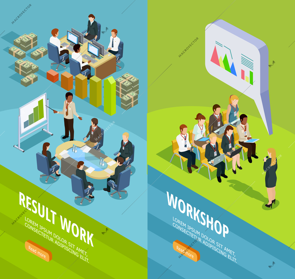 Business learning isometric vertical banners with place for staff coaching and teaching for work summary vector illustration