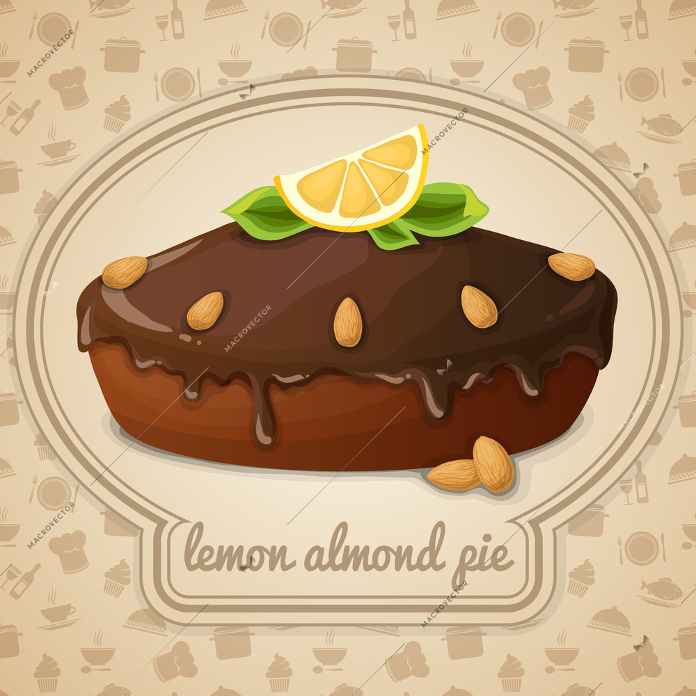 Lemon almond pie dessert with chocolate syrup emblem and food cooking icons on background vector illustration