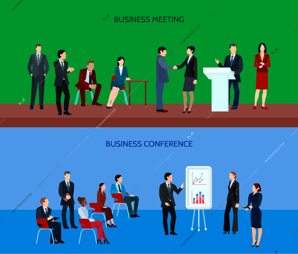 Business people group horizontal banners at meeting discussing project and strategy of company development vector illustration