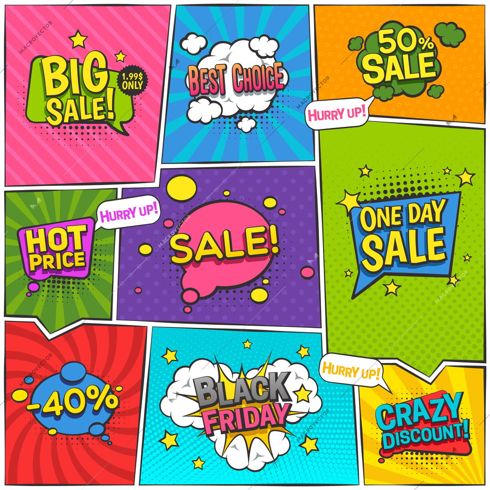 Sale comic page design with discount symbols flat isolated vector illustration