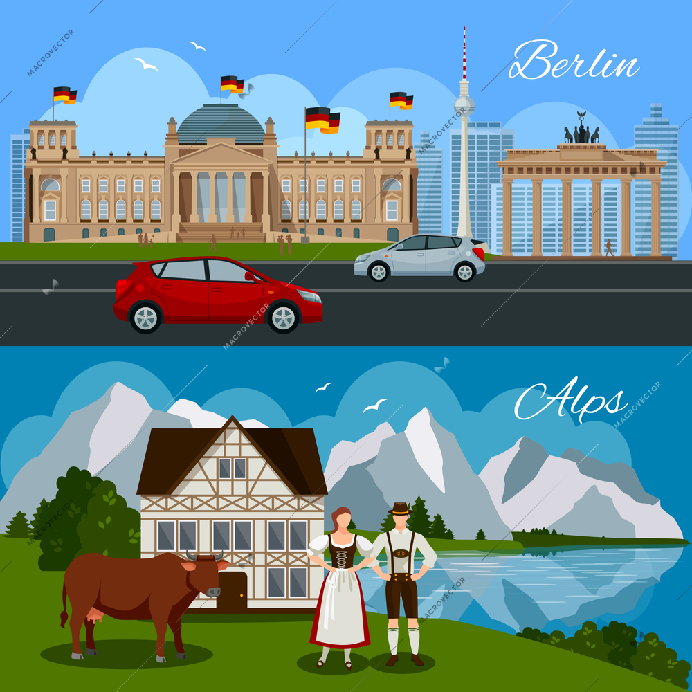 Germany flat composition with government building monument cars Brandenburg gate and picturesque beautiful landscape vector illustration