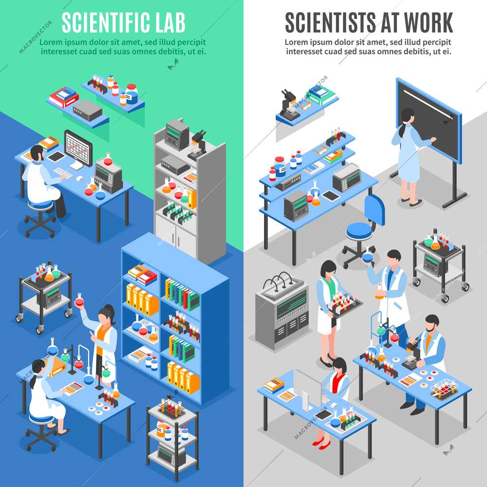 Two scientists laboratory vertical banners set with isometric environment research facility workplaces worker characters and text vector illustration