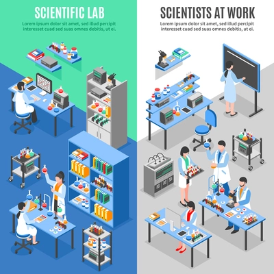 Two scientists laboratory vertical banners set with isometric environment research facility workplaces worker characters and text vector illustration