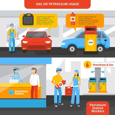 Gas station workers horizontal banners set with people and cars flat isolated vector illustration