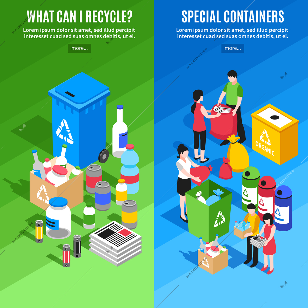 Two vertical banners set with isometric garbage recycling images special containers and people discarding separate rubbish vector illustration