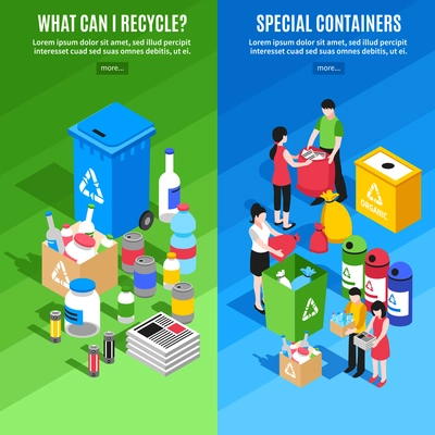 Two vertical banners set with isometric garbage recycling images special containers and people discarding separate rubbish vector illustration