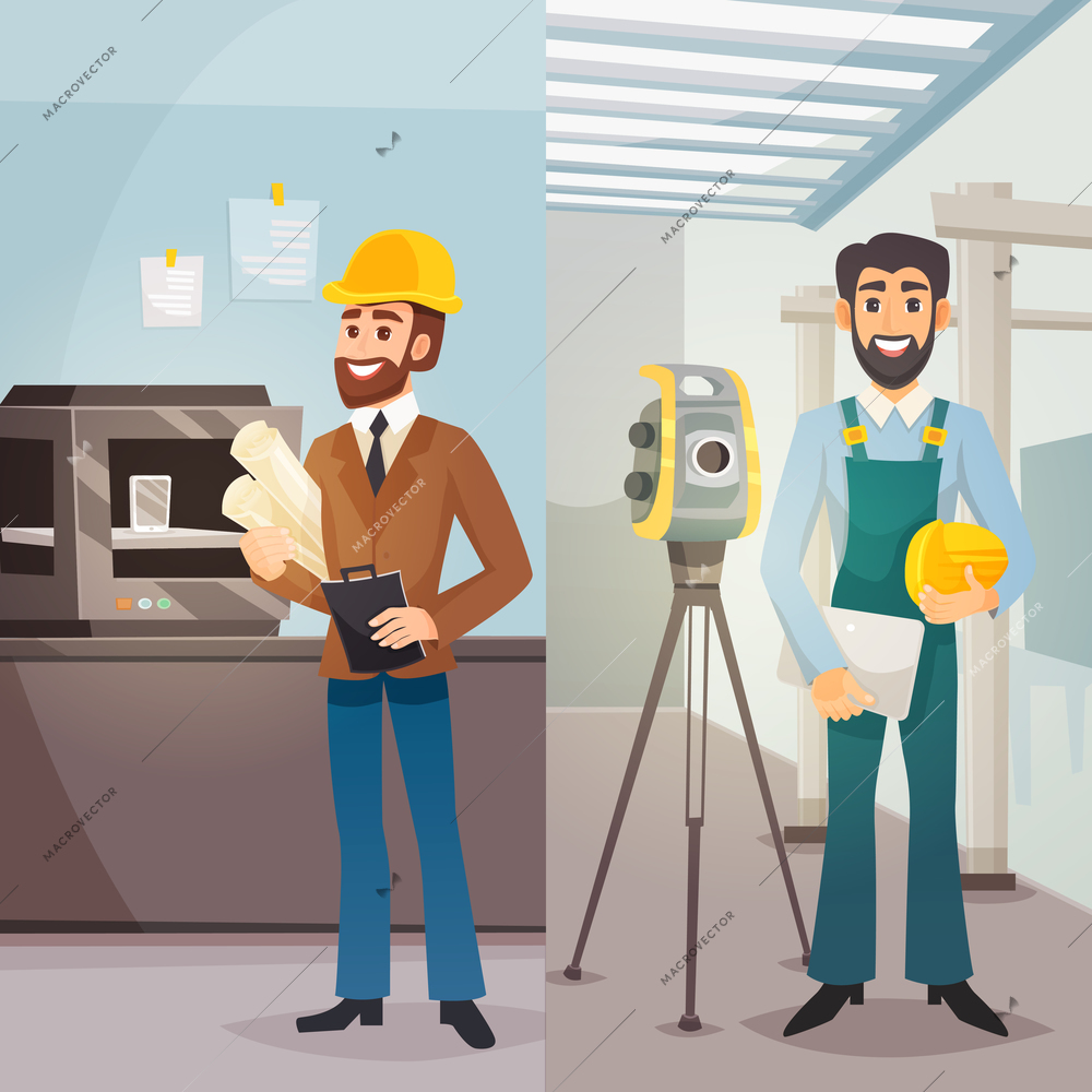 Engineers vertical banners with male architect  worker and surveyor in flat style vector illustration