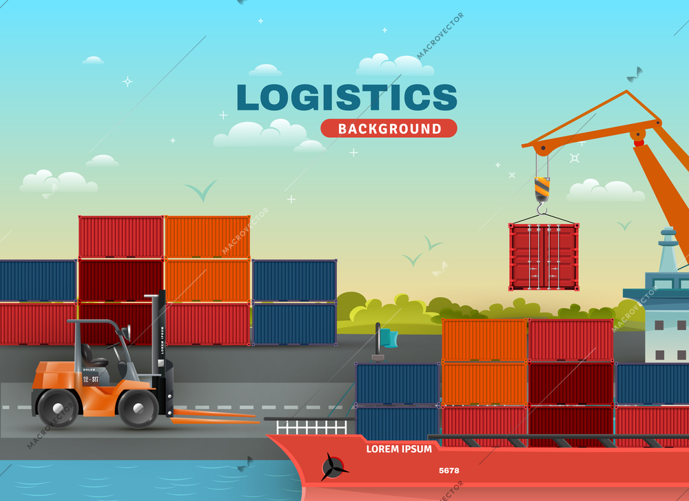 Logistic sea freight background with loading ship containers crane and forklift vector illustration