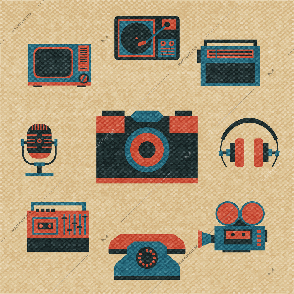 Vintage media icons set of photo camera mic headphones vector illustration