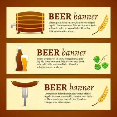 Beer banner set with barrel bottle glass and fork with sausage isolated vector illustration