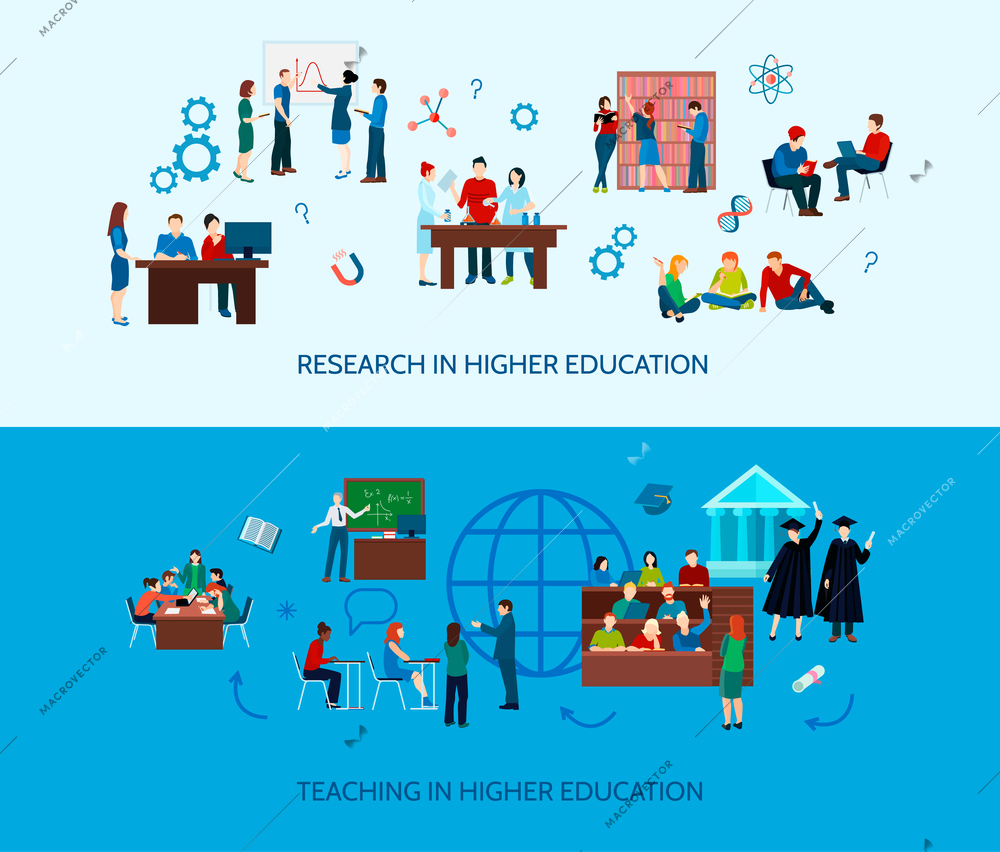 University learning horizontal banners with  studying students and search of information in flat style vector illustration