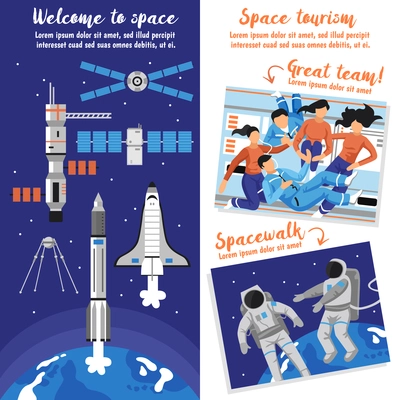 Flat banners of different shape with astronauts crew and various space transport isolated on white background vector illustration