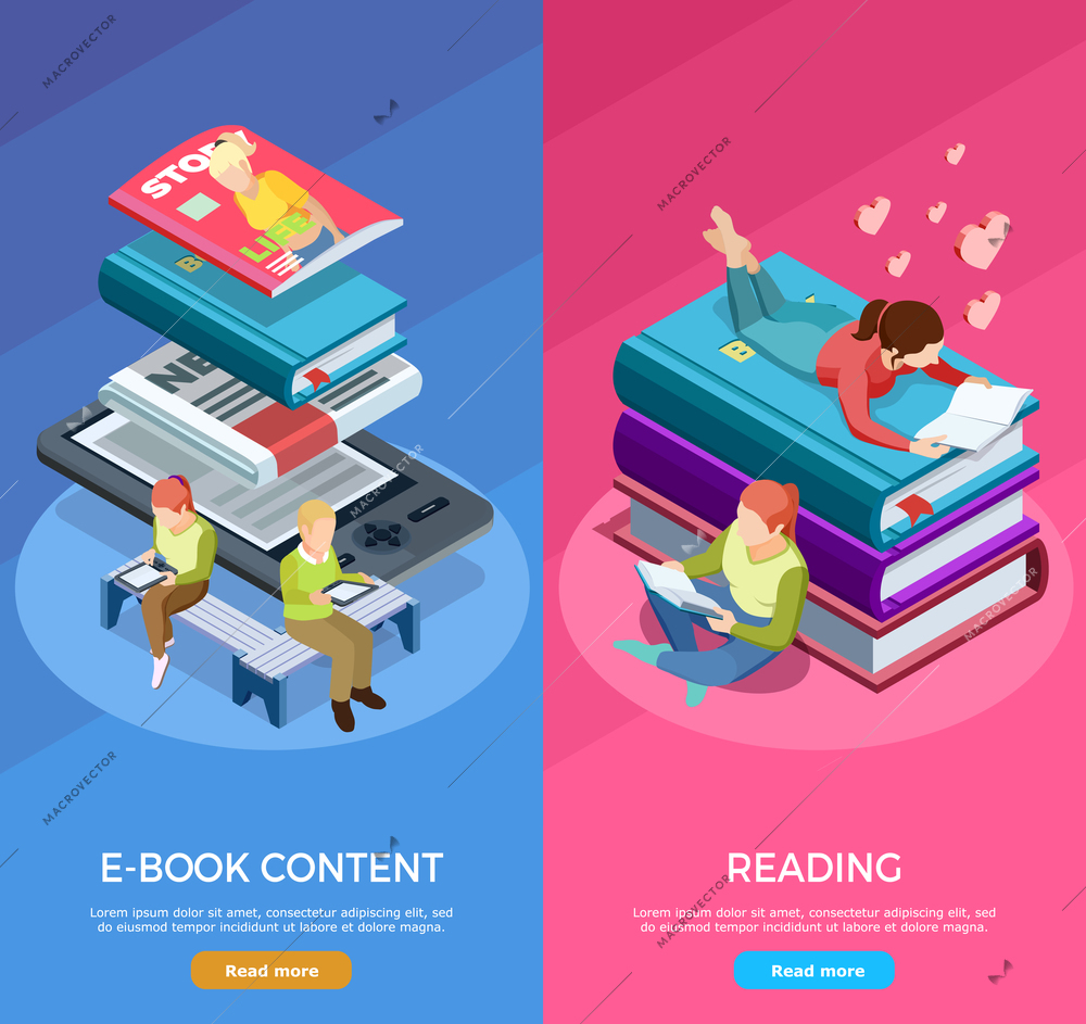 Two colored isometric vertical reading banner set with e book content and reading descriptions vector illustration