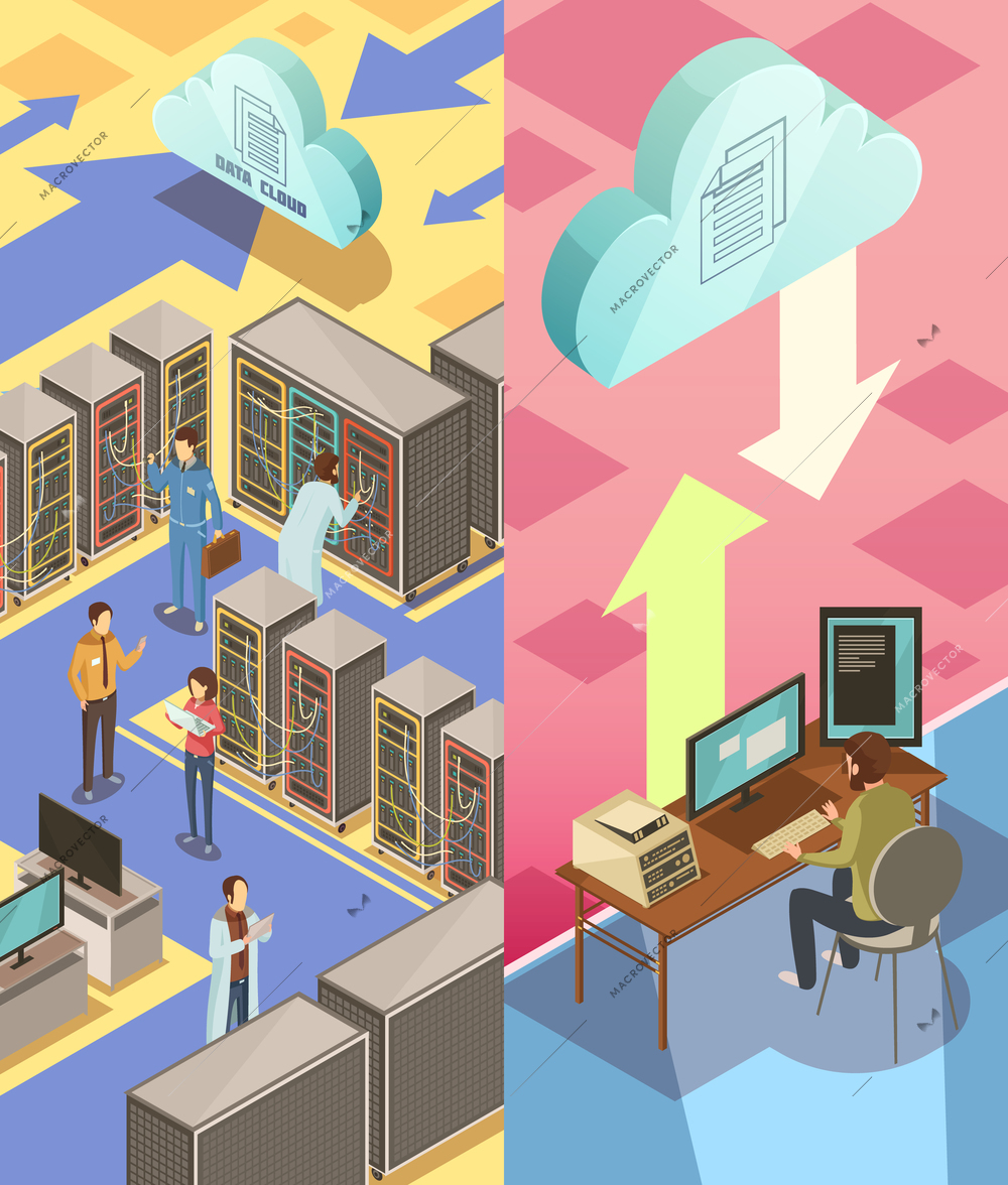 Information center isometric vertical banners with staff hosting server cloud services and transfer data isolated vector illustration