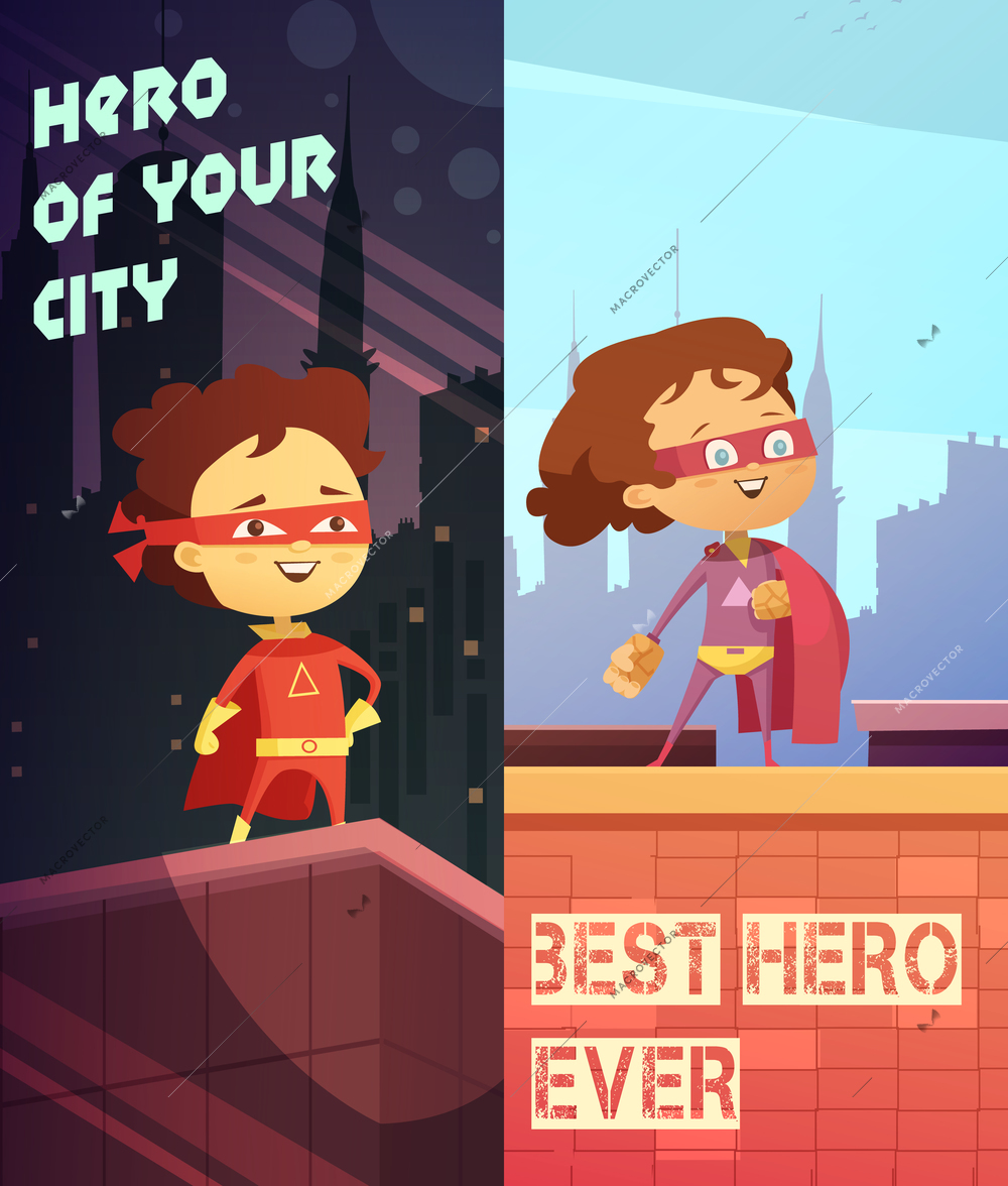 Two urban vertical banners with happy kids dressed in superhero costumes and standing on roof of skyscraper flat vector illustration