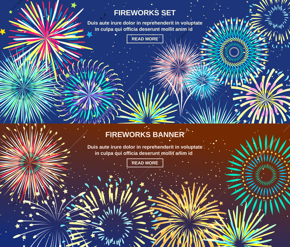 Celebration horizontal banners with bright colorful lights of exploding fireworks at night flat vector illustration