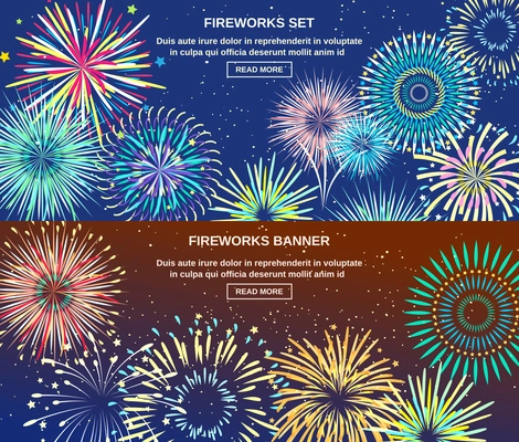 Celebration horizontal banners with bright colorful lights of exploding fireworks at night flat vector illustration