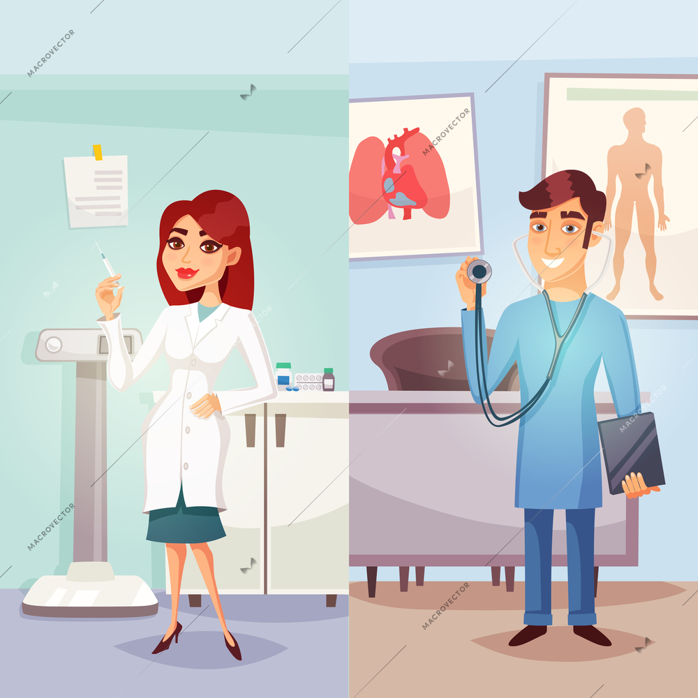 Cartoon medicine vertical banners with male and female smiling doctors in hospital in flat style vector illustration