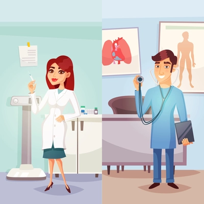 Cartoon medicine vertical banners with male and female smiling doctors in hospital in flat style vector illustration