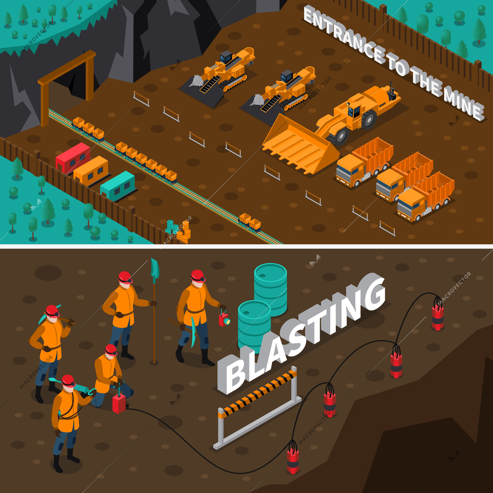 Isometric horizontal banners presenting miner people machinery and process of blasting isolated vector illustration