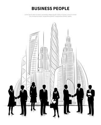 Business people concept with male and female silhouettes on the background of skyscrapers vector illustration