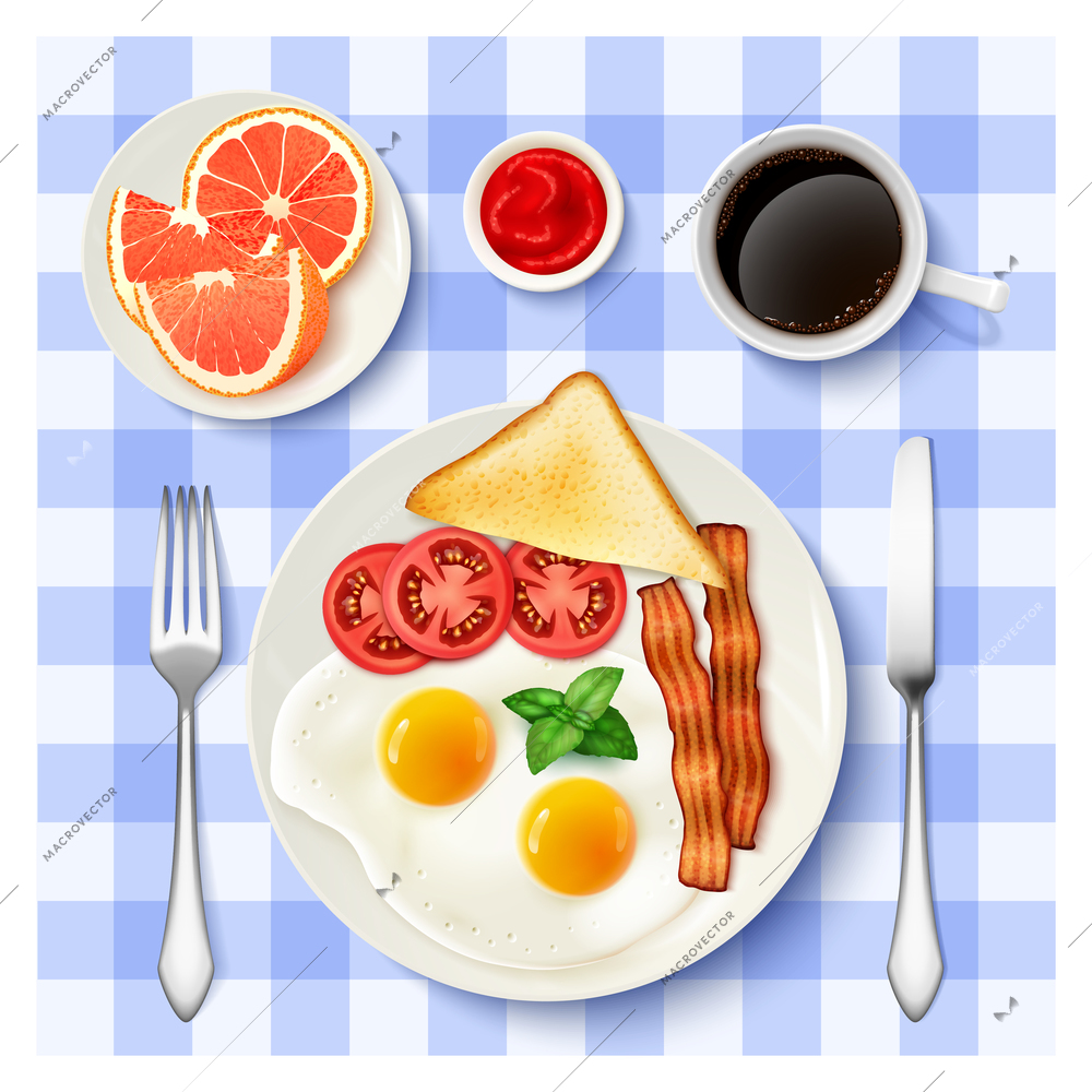 Traditional american breakfast with fried eggs bacon black coffee and grapefruit top view tablecloth background poster vector illustration