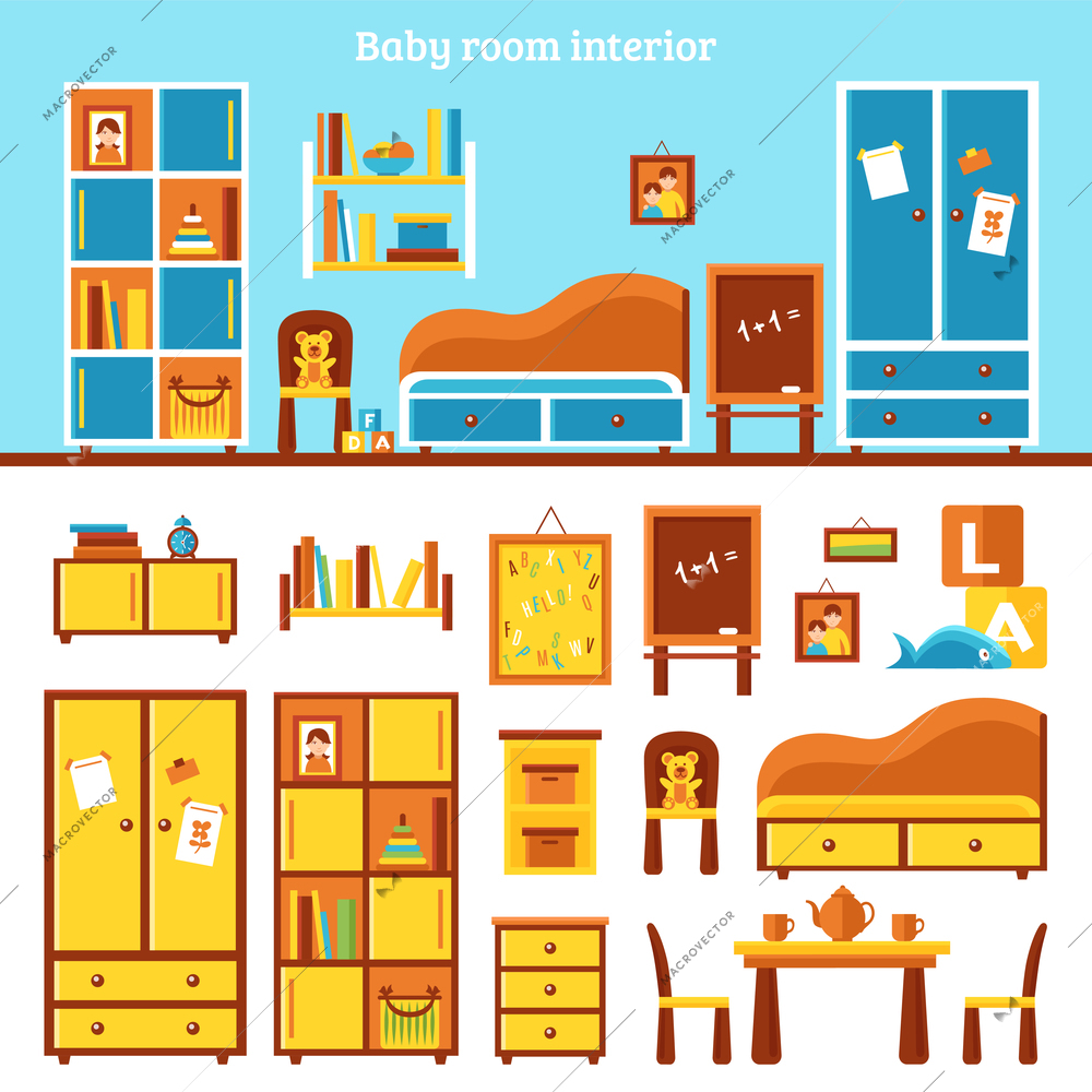 Baby room furniture infographics with interior of nursery and kit of subject of furniture for play and study flat vector illustration