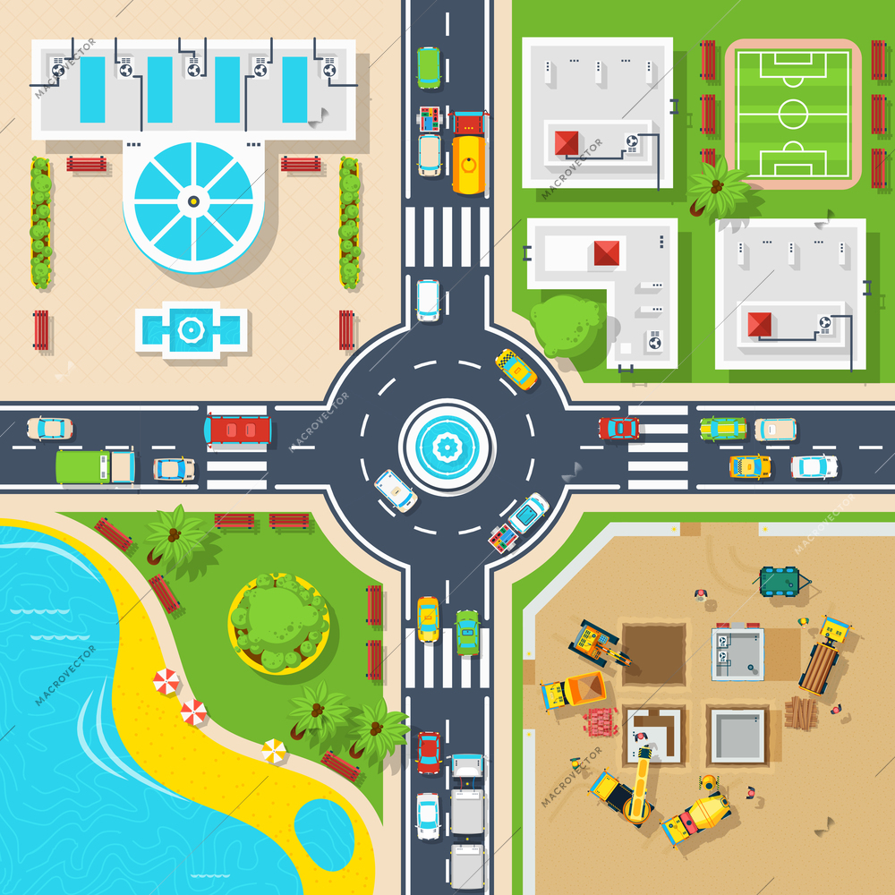 Big crossroad divided city on four parts buildings construction and pond top view flat poster vector illustration