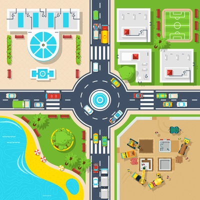 Big crossroad divided city on four parts buildings construction and pond top view flat poster vector illustration