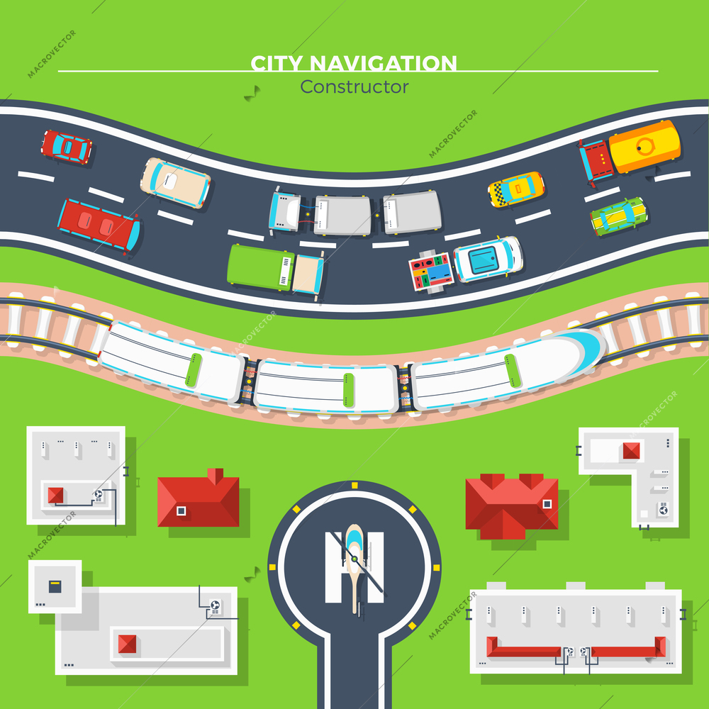 Navigation top view poster of city transport with vehicles road railroad and buildings flat vector illustration