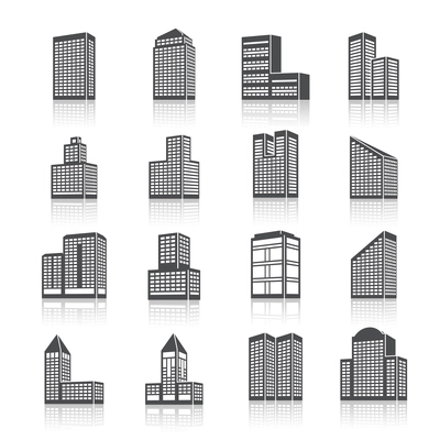 Business center city edifice buildings black silhouettes on white pictograms icons set isolated vector illustration