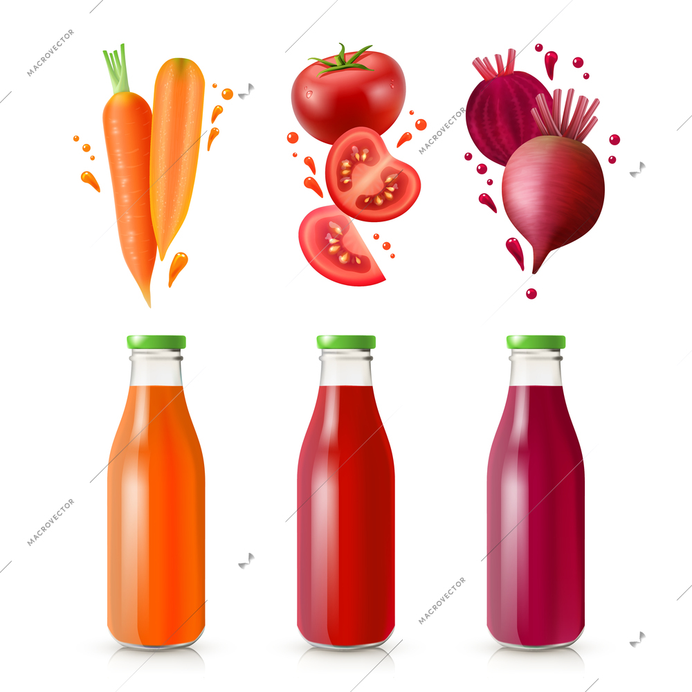 Vegetable juices set with full glass bottles carrot tomato and beet isolated vector illustration