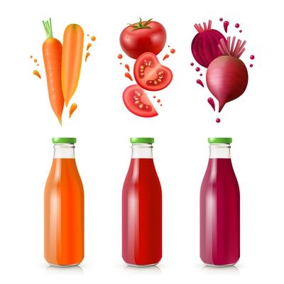 Vegetable juices set with full glass bottles carrot tomato and beet isolated vector illustration