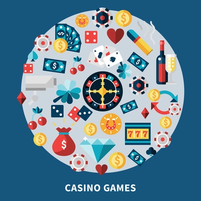 Casino icons round composition with chips cards coins dice cherry clover diamond symbols flat vector illustration