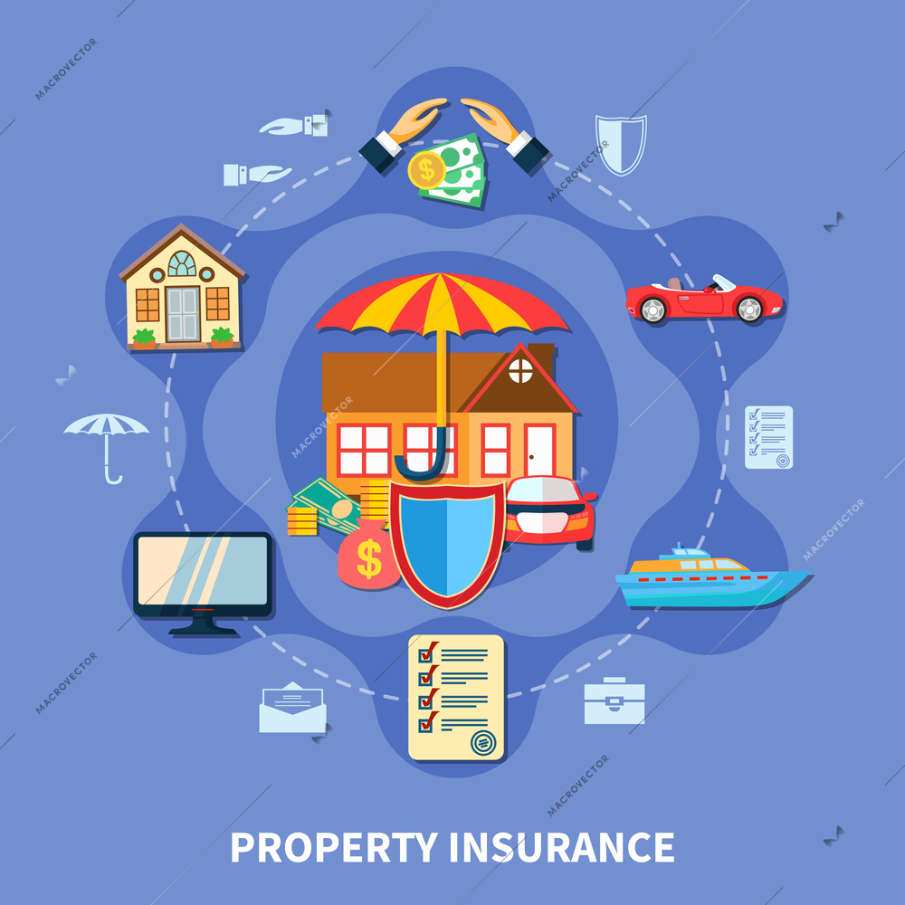 Property protection flat concept with transport house money insurance from crime disaster accident isolated vector illustration