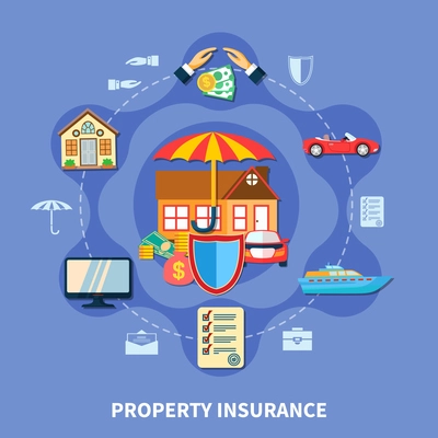 Property protection flat concept with transport house money insurance from crime disaster accident isolated vector illustration