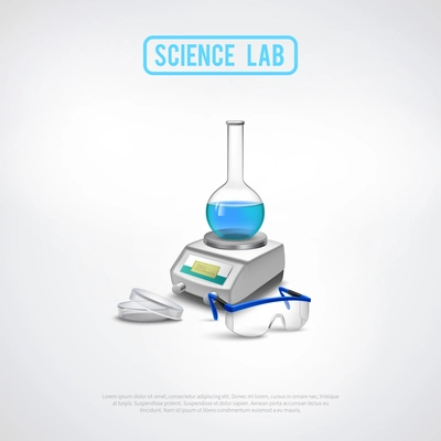 Laboratory equipment composition with professional scientific scales and chemical vessel glasses flat vector illustration