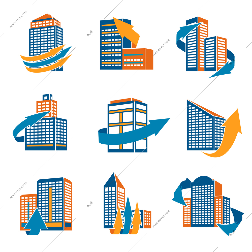 Business modern urban office buildings with arrows icons isolated vector illustration