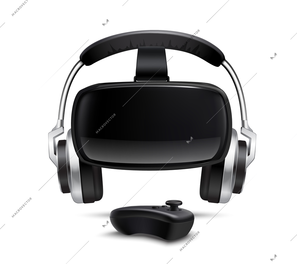 Virtual reality games simulator black headset with headphones and gamepad smartphone controlled box realistic closeup view vector illustration